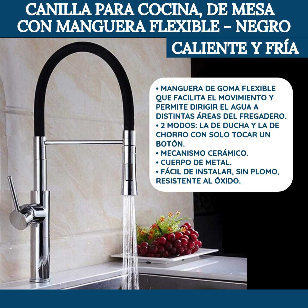 Canilla para cocina de mesa con manguera flexible frío caliente